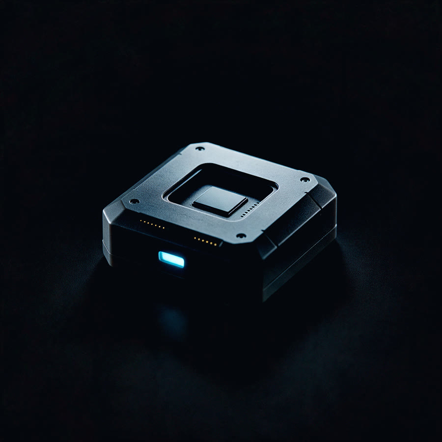 A precision-moulded matte graphite chip carrier with a recessed die well, a chamfered lid and a small cyan indicator, photographed on a seamless near-black ground.